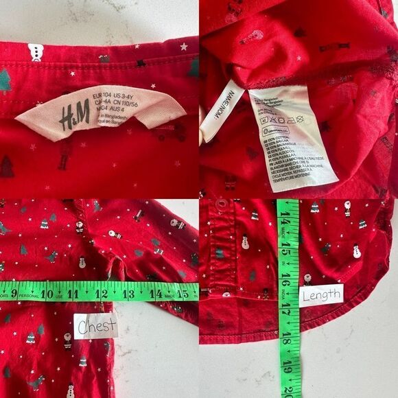 H&M Christmas Toddler Boy Button Up Shirt Size 3/4 Santa Dinosaur Snowman Red - Picture 2 of 4